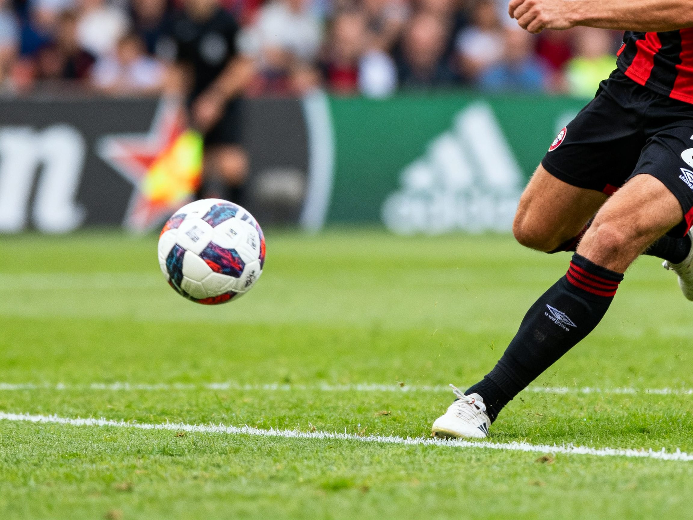 足球运动员在禁区前沿起脚射门的瞬间